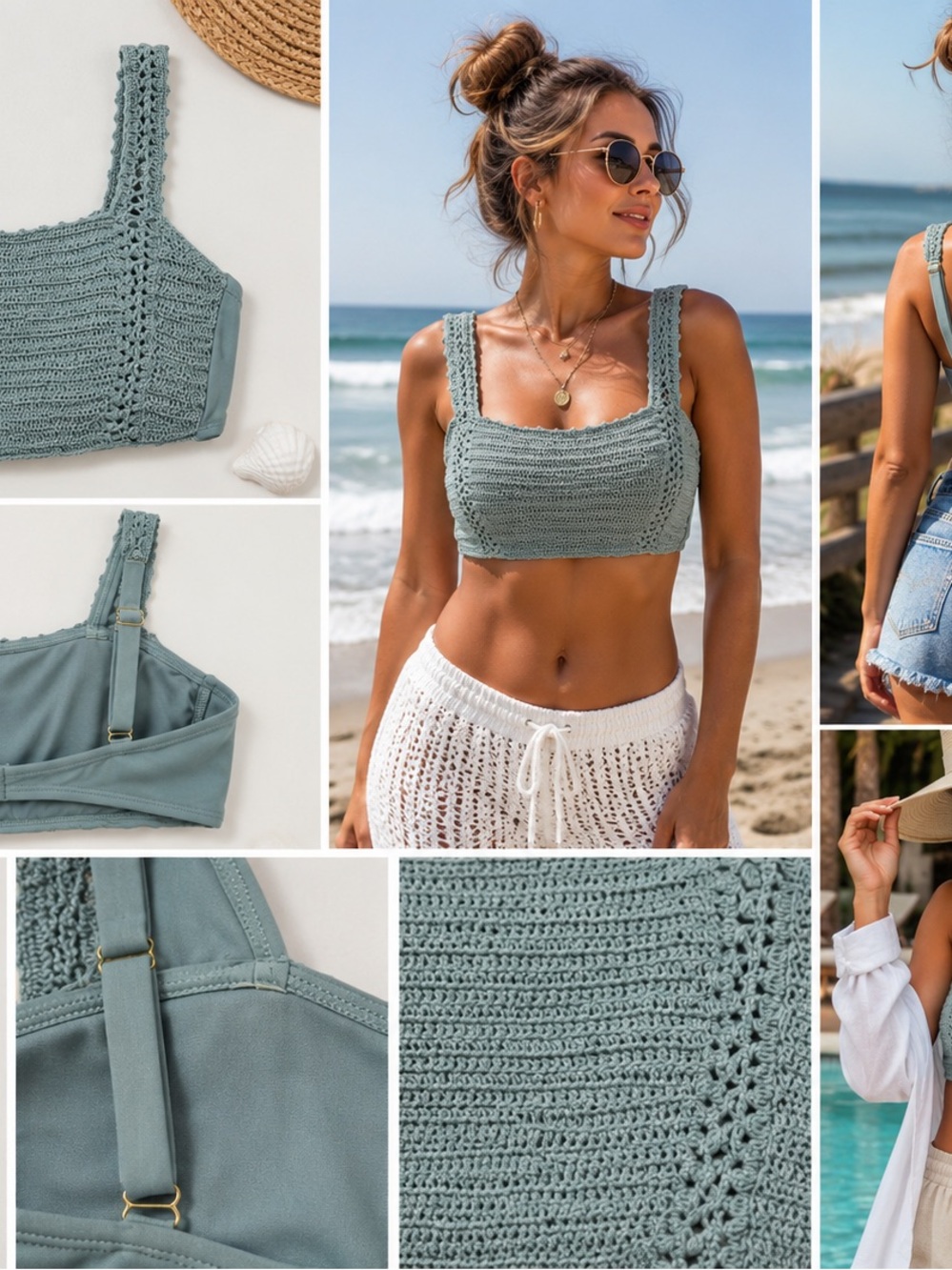 Xhilaration Bikini Top Large Blue Crochet Bralette Bohemian Resort Y2K Swimwear